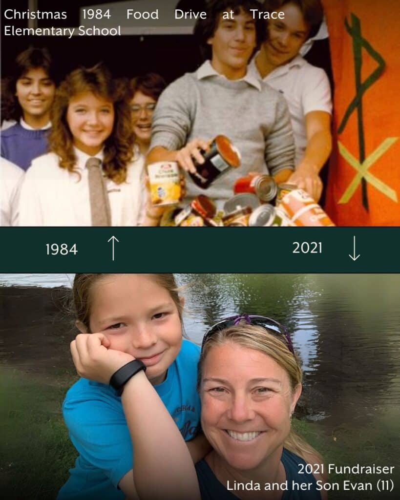 Christmas food collection barrels in 1984 vs Linda and Evan and their community fundraiser in 2021. 